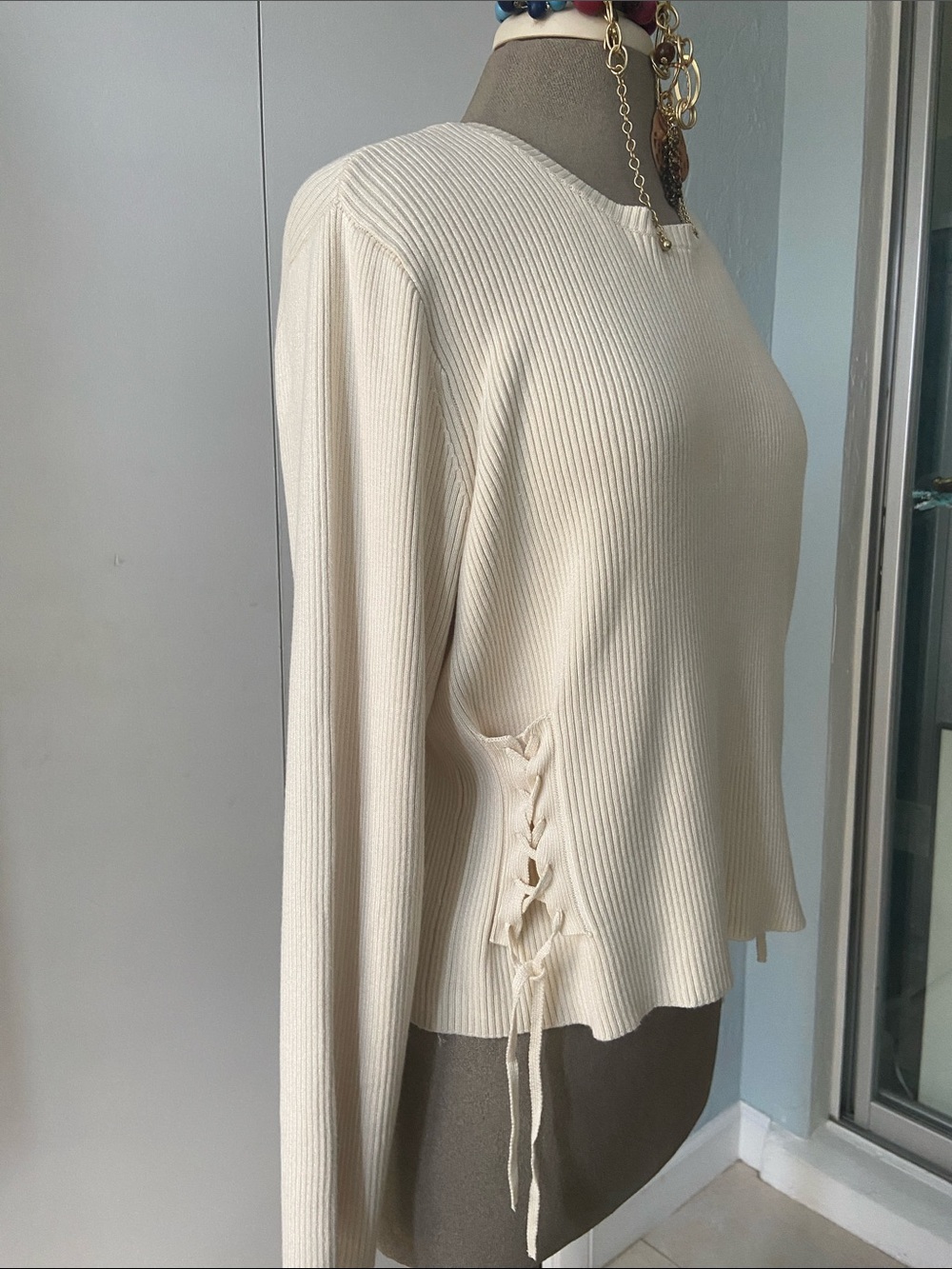Jessica Simpson Cream Ribbed Side Lace-Up Sweater Pullover XXL